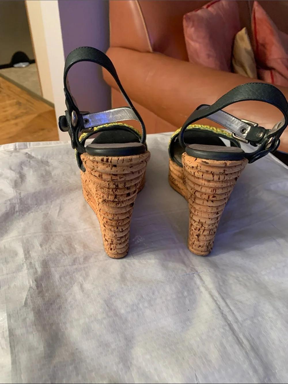 Dolce & Gabbana Black and Yellow Woven Cork Wedge Sandals
